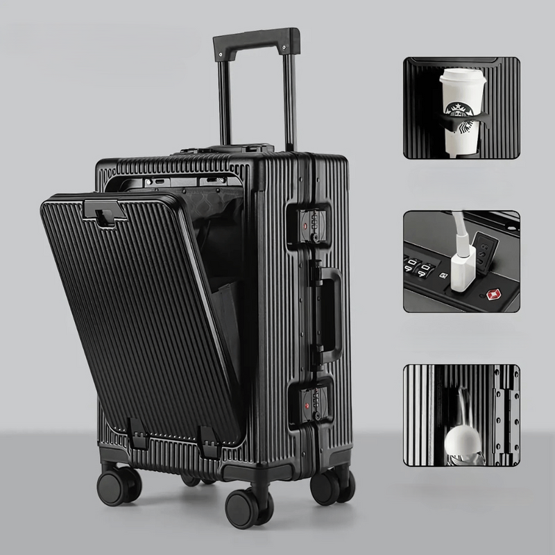 Handgepäckkoffer | Aluminium | TSA-Schloss | Integrierte USB-ports-Schwarz-Luzern Mode