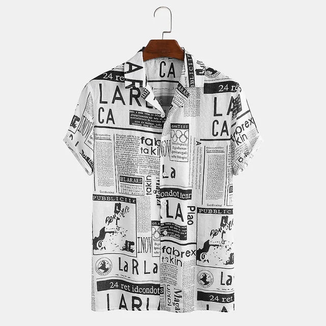 Herren Freizeit Hemd mit Zeitungsdruck - Baumwolle Streetwear-Luzern Mode