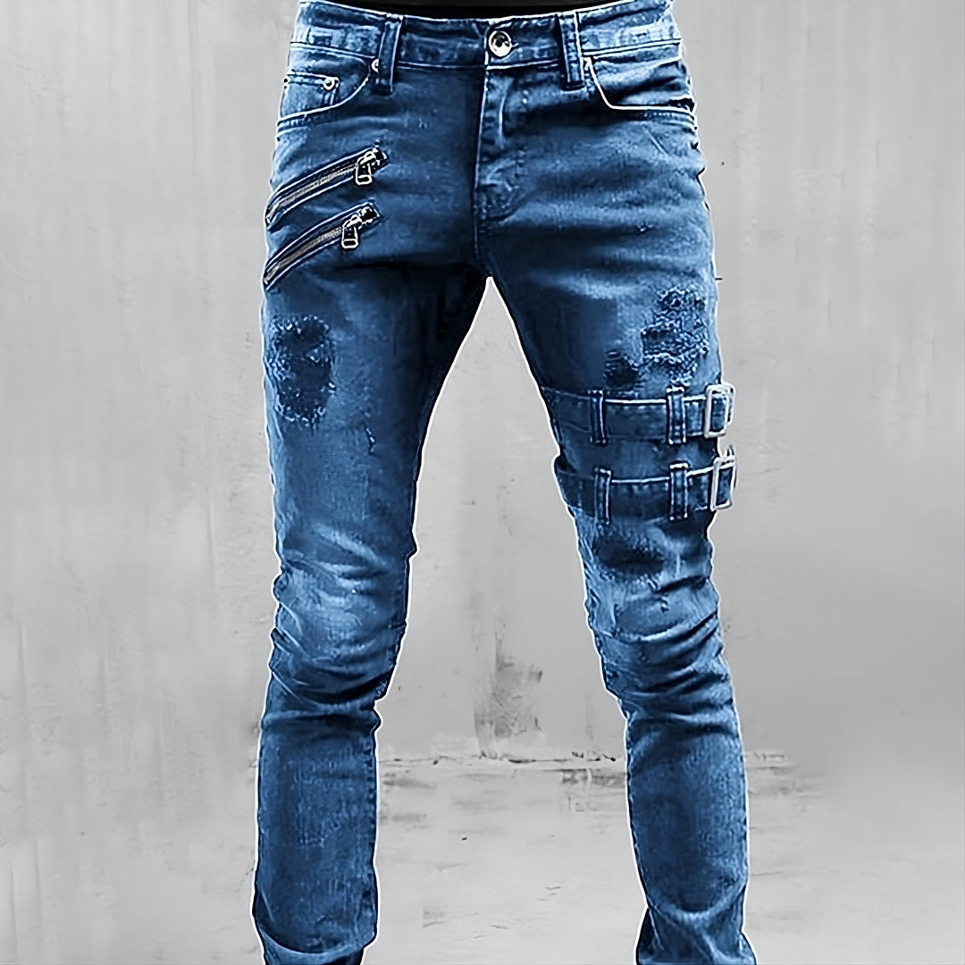 Herren Jeans mit Rissen und Schnallen - Modische Denim-Hose-Blau-S-Luzern Mode