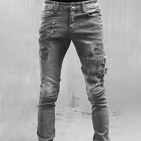 Herren Jeans mit Rissen und Schnallen - Modische Denim-Hose-Grau-S-Luzern Mode