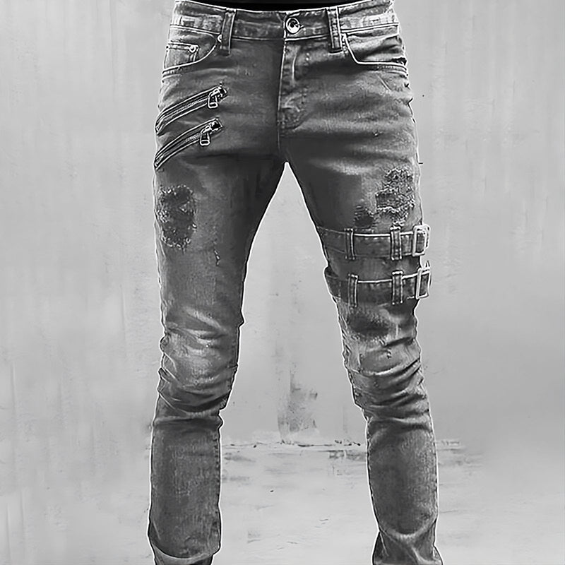 Herren Jeans mit Rissen und Schnallen - Modische Denim-Hose-Grau-S-Luzern Mode