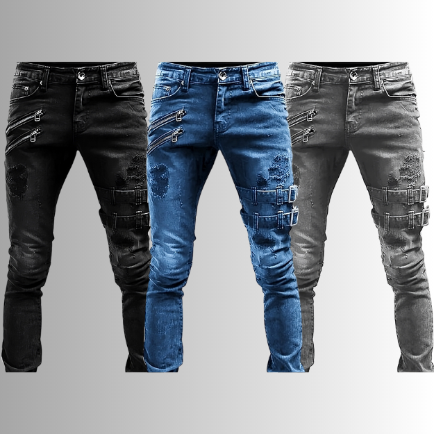 Herren Jeans mit Rissen und Schnallen - Modische Denim-Hose-Kaufen Sie 2 und erhalten Sie 1 gratis (alle drei Farben)-S-Luzern Mode