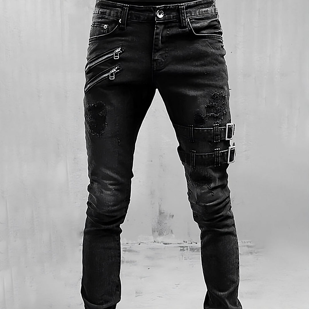Herren Jeans mit Rissen und Schnallen - Modische Denim-Hose-Schwarz-S-Luzern Mode