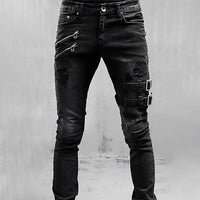 Herren Jeans mit Rissen und Schnallen - Modische Denim-Hose-Schwarz-S-Luzern Mode