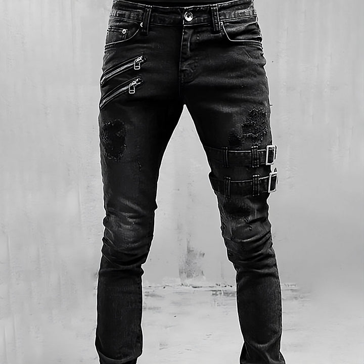 Herren Jeans mit Rissen und Schnallen - Modische Denim-Hose-Schwarz-S-Luzern Mode