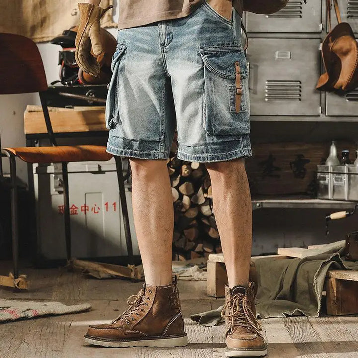 Herren Denim Cargo Shorts | Retro Look | Motorradstil | Sommer | Robust | Trendy-Luzern Mode