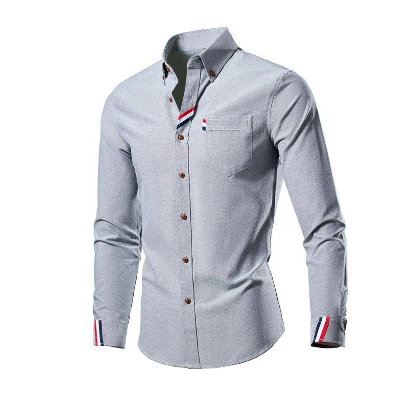Herren Langarmhemd mit Streifenmuster und Knopfleiste-Grau-S-Luzern Mode