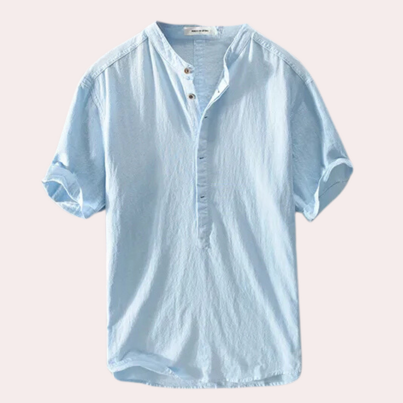 Herren Leinenhemd mit Stehkragen - Sommermode 2023-Blau-S-Luzern Mode