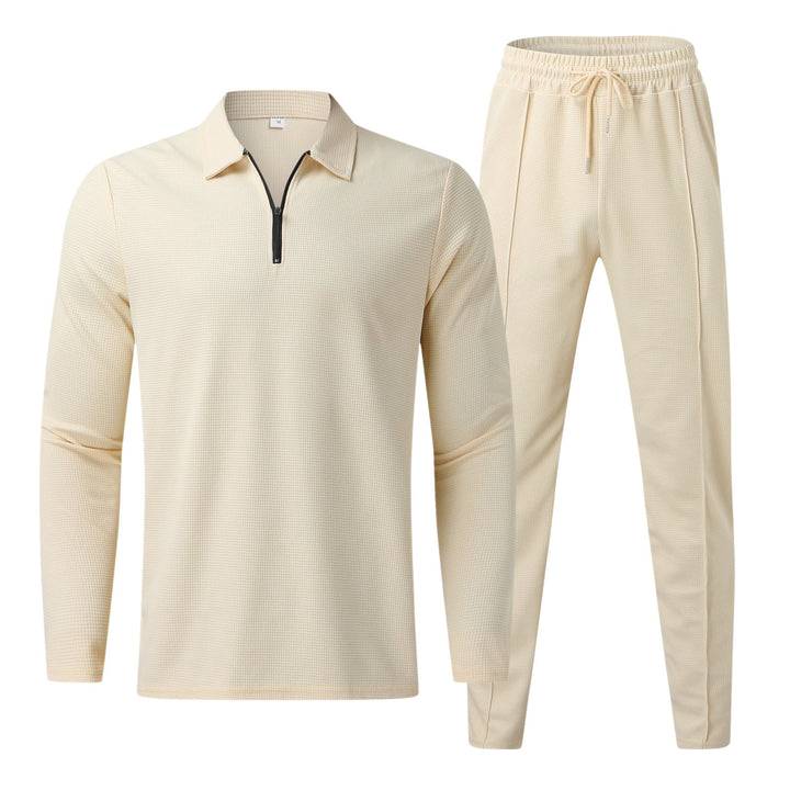 Herren Bekleidungset | 2-teilig | Hose | Shirt | Lange Ärmel | Einfarbig-Beige-S-Luzern Mode