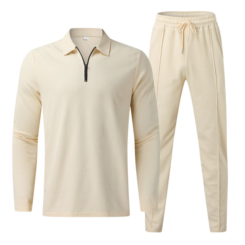 Herren Bekleidungset | 2-teilig | Hose | Shirt | Lange Ärmel | Einfarbig-Beige-S-Luzern Mode