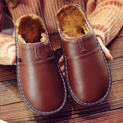 Damen und Herren Winter Hausschuhe Plüsch Leder Komfort-Braun-40-Luzern Mode