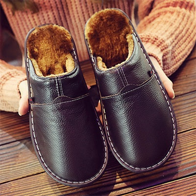 Damen und Herren Winter Hausschuhe Plüsch Leder Komfort-Schwarz-40-Luzern Mode