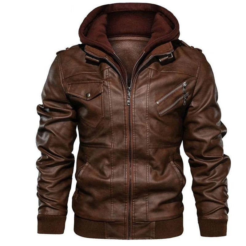 Herren Motorradjacke | Kunstleder | Vegan | Winddicht | Fleece | Kapuze-Luzern Mode