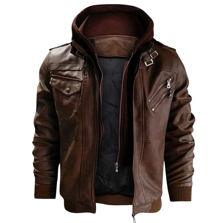 Herren Motorradjacke | Kunstleder | Vegan | Winddicht | Fleece | Kapuze-Luzern Mode