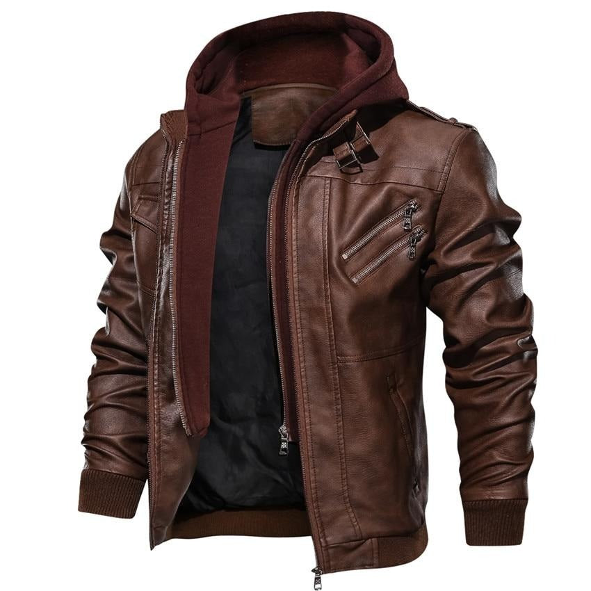 Herren Motorradjacke | Kunstleder | Vegan | Winddicht | Fleece | Kapuze-Braun-S-Luzern Mode