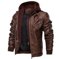 Herren Motorradjacke | Kunstleder | Vegan | Winddicht | Fleece | Kapuze-Braun-S-Luzern Mode