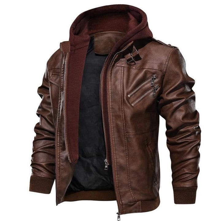 Herren Motorradjacke | Kunstleder | Vegan | Winddicht | Fleece | Kapuze-Braun-S-Luzern Mode