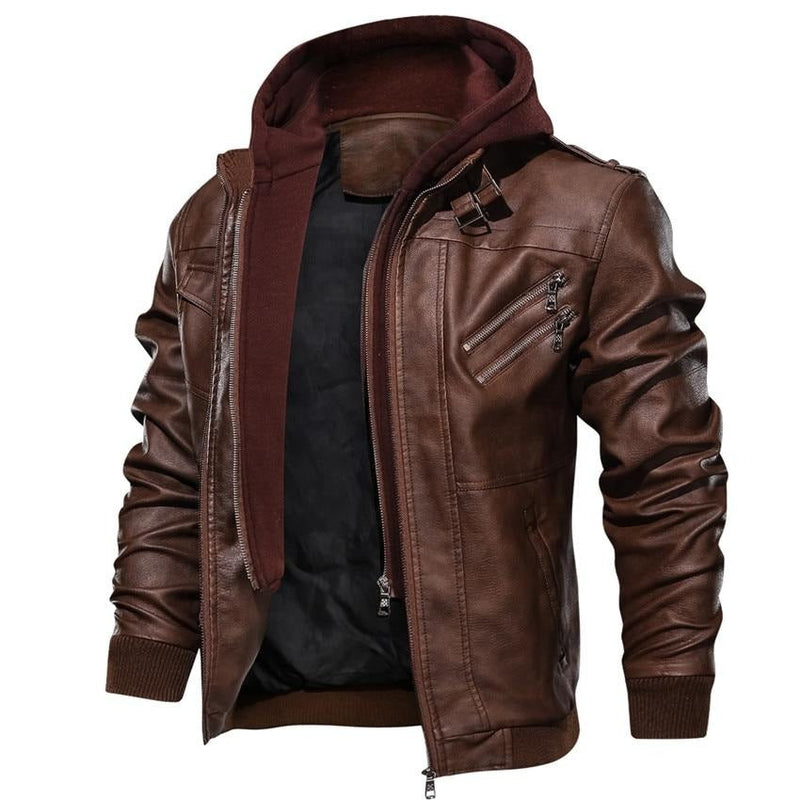 Herren Motorradjacke | Kunstleder | Vegan | Winddicht | Fleece | Kapuze-Braun-S-Luzern Mode
