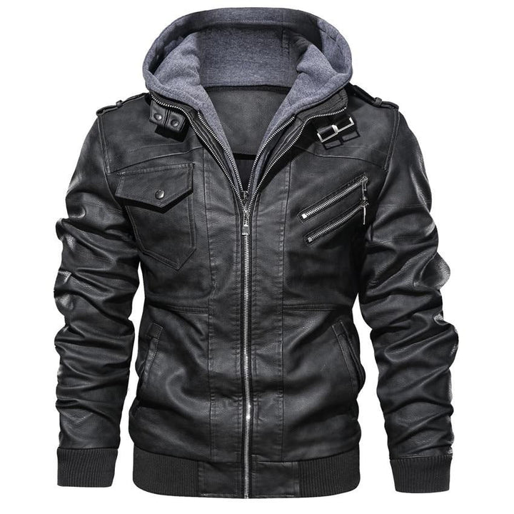 Herren Motorradjacke | Kunstleder | Vegan | Winddicht | Fleece | Kapuze-Schwarz-S-Luzern Mode