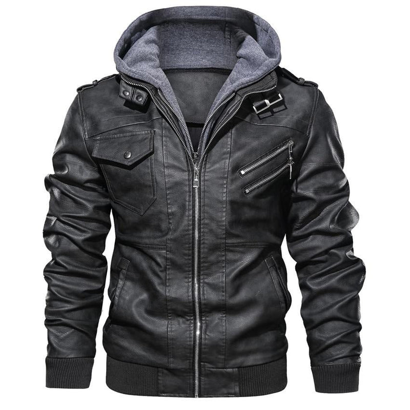 Herren Motorradjacke | Kunstleder | Vegan | Winddicht | Fleece | Kapuze-Schwarz-S-Luzern Mode
