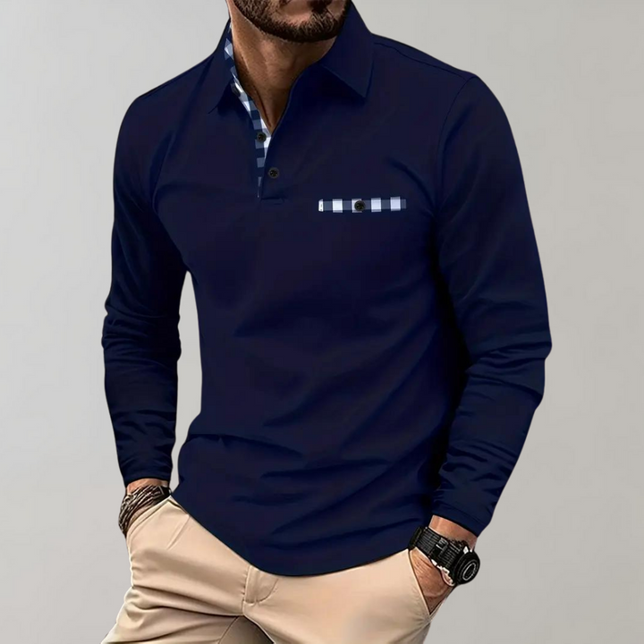 Herren Langarm Poloshirt mit Karomuster Kragen Design-Dunkelblau-S-Luzern Mode