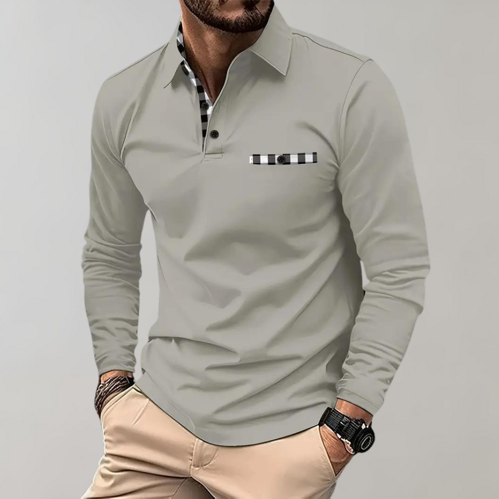 Herren Langarm Poloshirt mit Karomuster Kragen Design-Grau-S-Luzern Mode