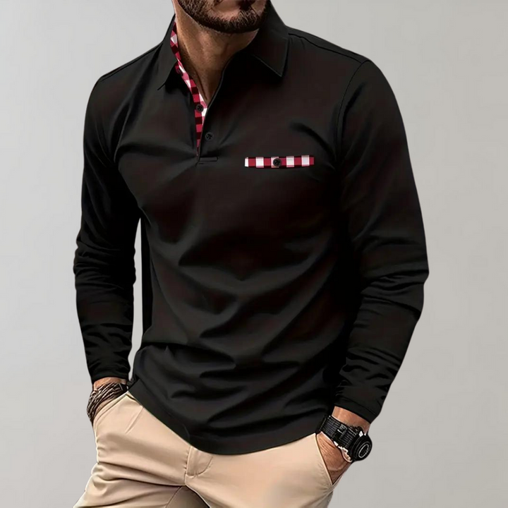Herren Langarm Poloshirt mit Karomuster Kragen Design-Schwarz-S-Luzern Mode