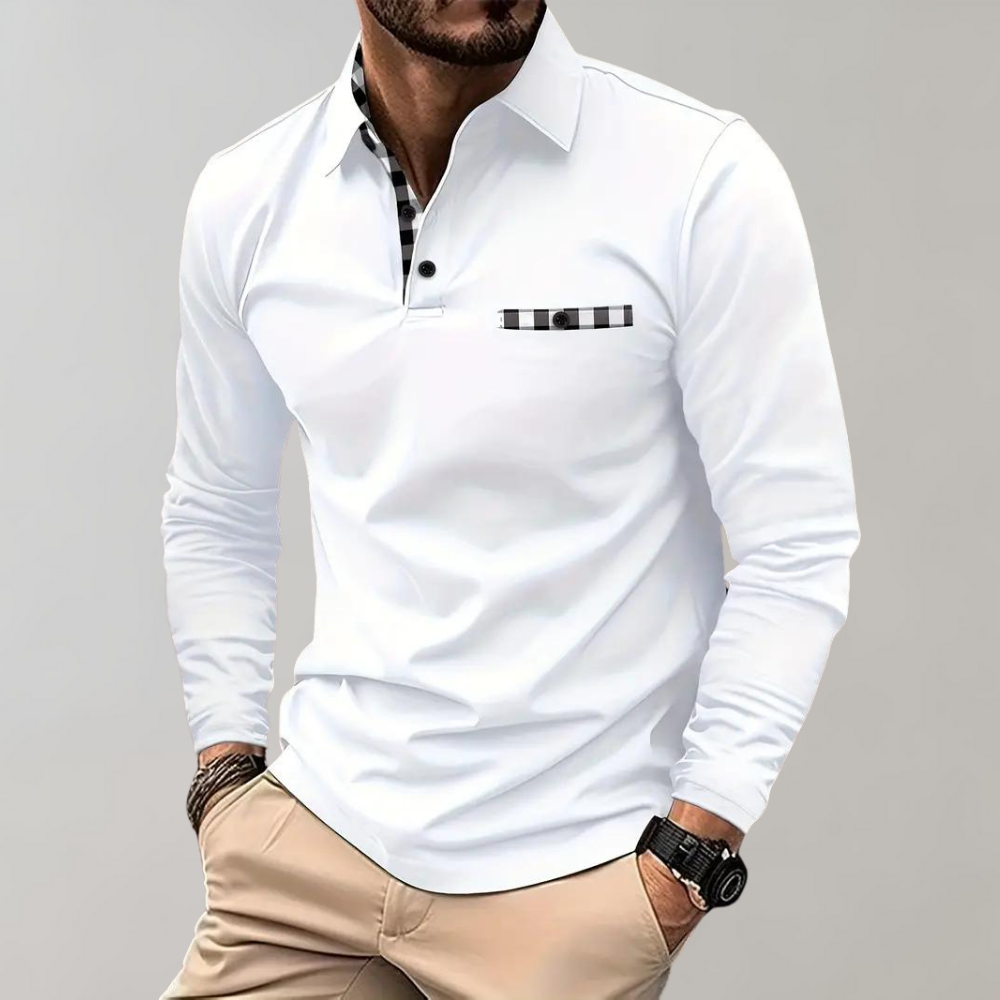 Herren Langarm Poloshirt mit Karomuster Kragen Design-Weiß-S-Luzern Mode