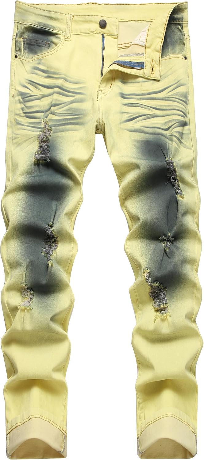 Herren Jeans mit Rissen - Lässige Mode Denim Hose-Gelb-28-Luzern Mode