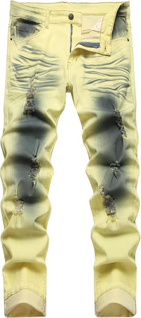 Herren Jeans mit Rissen - Lässige Mode Denim Hose-Gelb-28-Luzern Mode