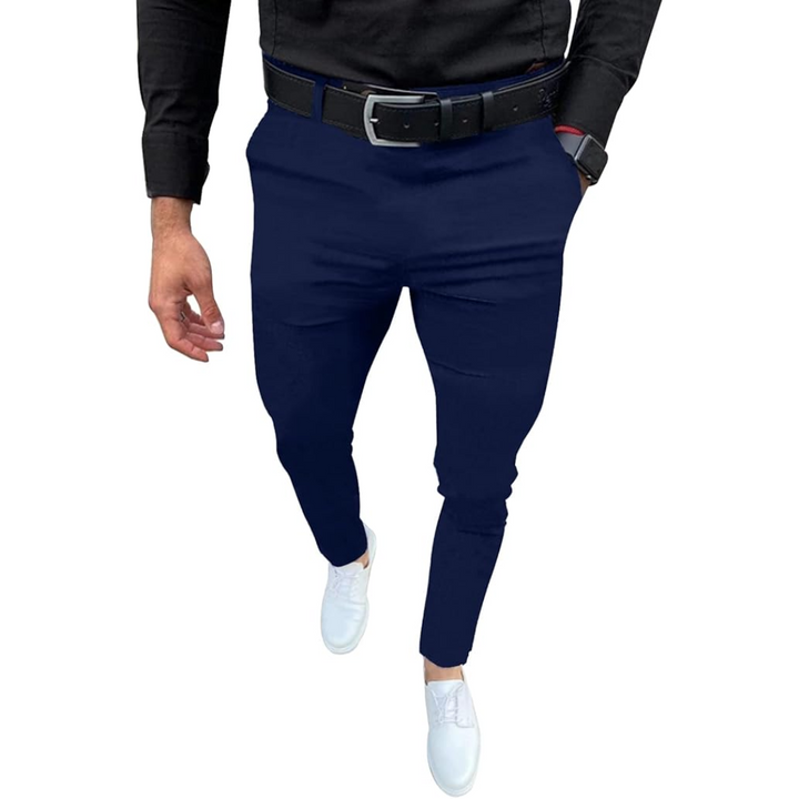 Herren Chinohose Slim Fit mit Gürtel - Elegante Freizeithose-Marineblau-S-Luzern Mode