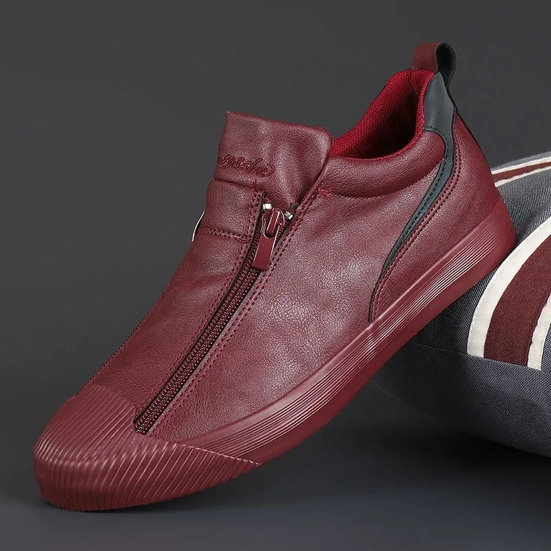 Herren Sneakers | Reißverschluss | Niedrig | Uni | Bequem | Antirutsch | Gummi-Bordeauxrot-39-Luzern Mode