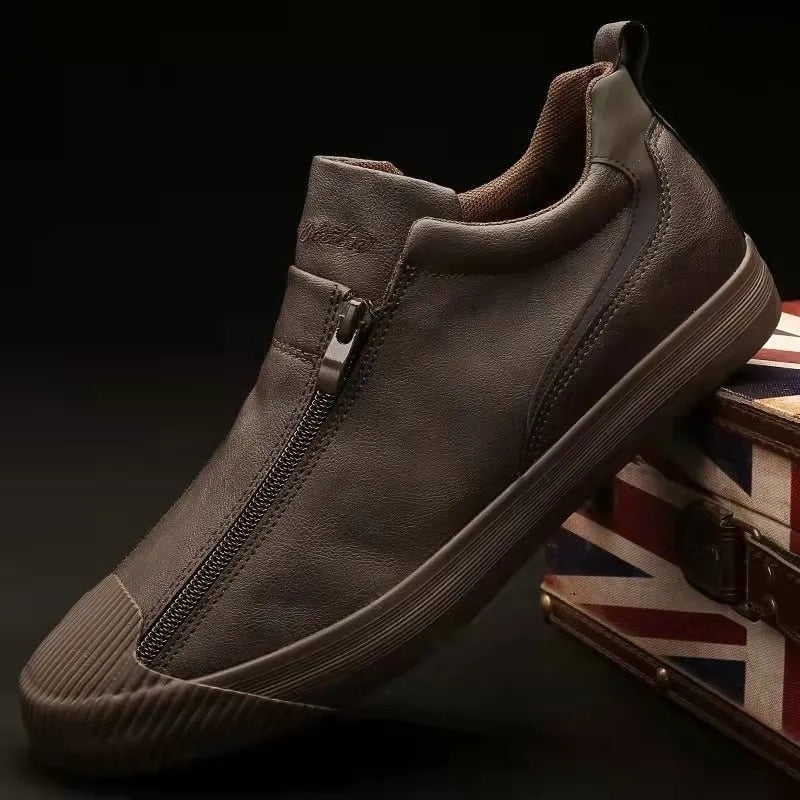 Herren Sneakers | Reißverschluss | Niedrig | Uni | Bequem | Antirutsch | Gummi-Braun-39-Luzern Mode