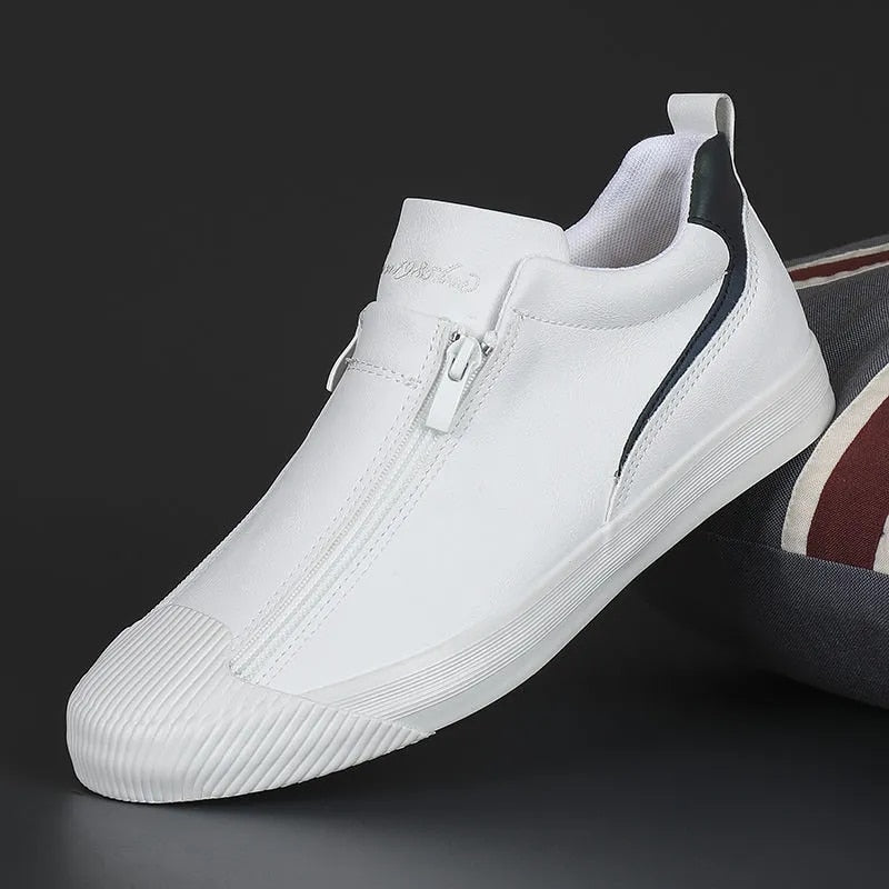 Herren Sneakers | Reißverschluss | Niedrig | Uni | Bequem | Antirutsch | Gummi-Weiß-39-Luzern Mode