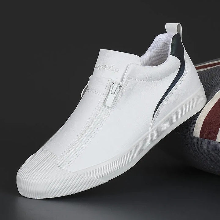 Herren Sneakers | Reißverschluss | Niedrig | Uni | Bequem | Antirutsch | Gummi-Weiß-39-Luzern Mode