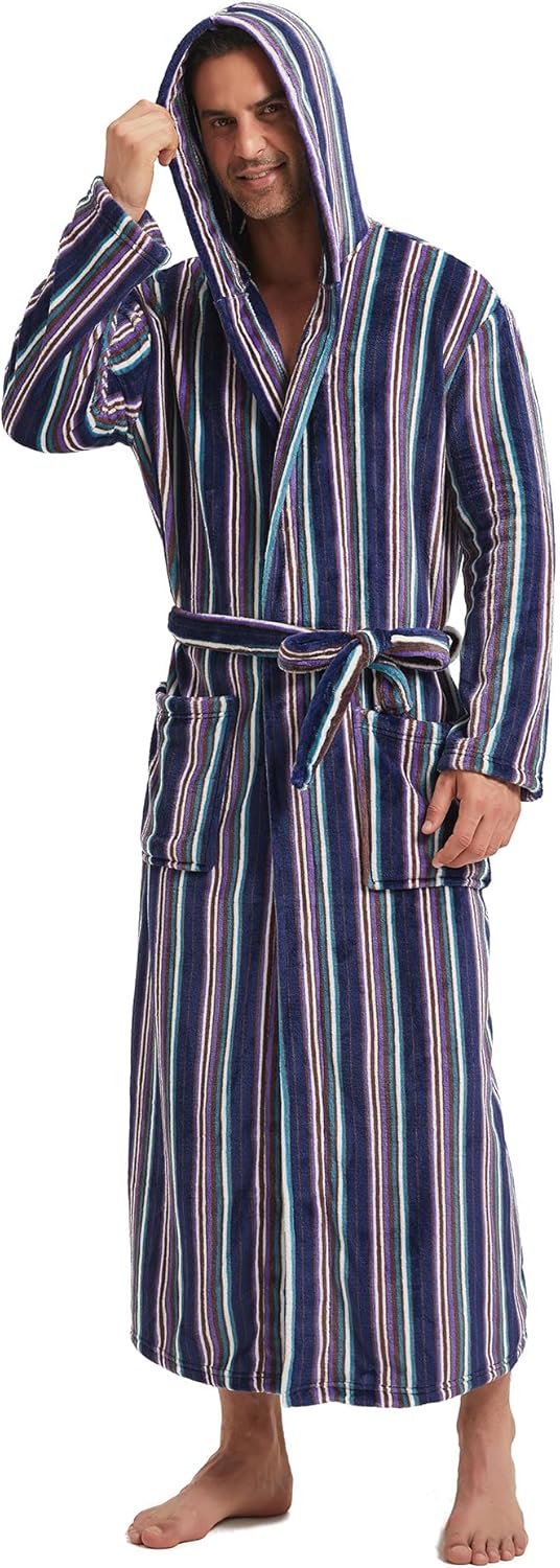 Herren Bademantel mit Kapuze und Taschen, Frottee-Luxus-Blau gestreift-S/M-Luzern Mode