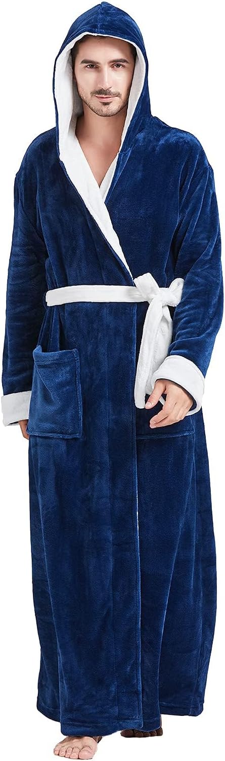 Herren Bademantel mit Kapuze und Taschen, Frottee-Luxus-Blau/Weiß-S/M-Luzern Mode