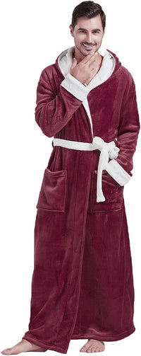 Herren Bademantel mit Kapuze und Taschen, Frottee-Luxus-Bordeaux/Weiß-S/M-Luzern Mode