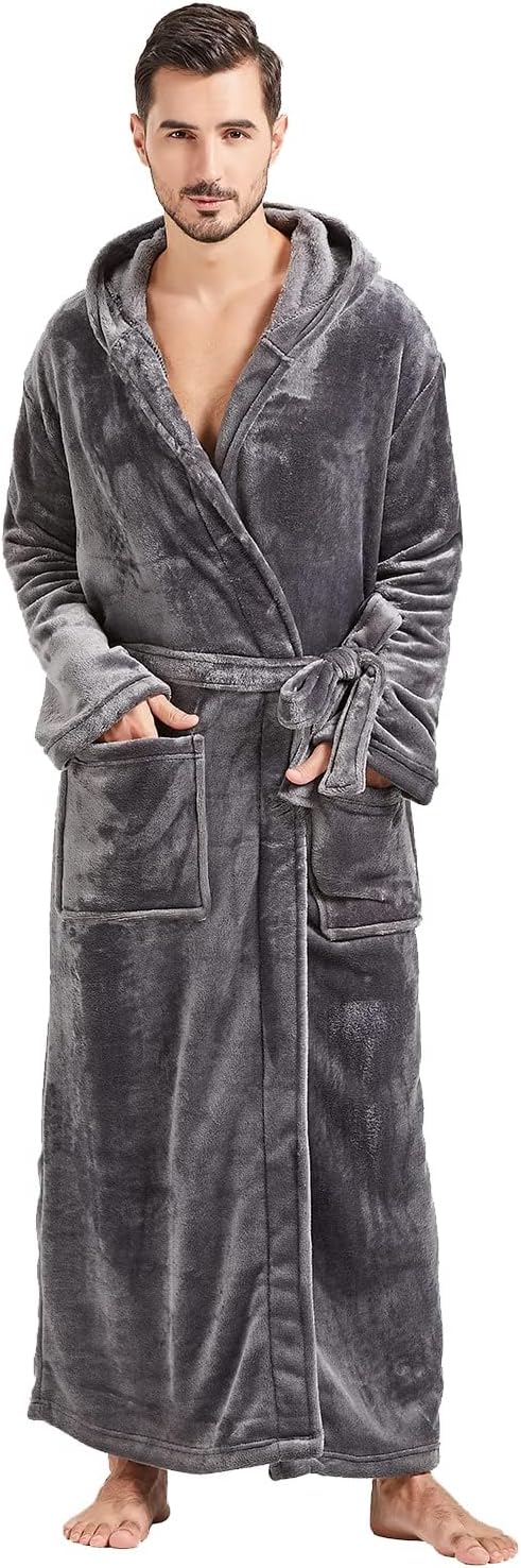 Herren Bademantel mit Kapuze und Taschen, Frottee-Luxus-Grau-S/M-Luzern Mode