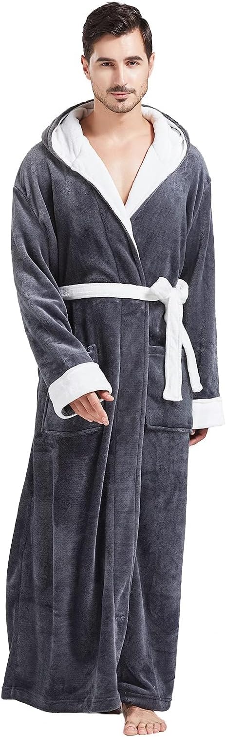 Herren Bademantel mit Kapuze und Taschen, Frottee-Luxus-Grau/Weiß-S/M-Luzern Mode