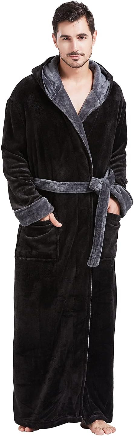 Herren Bademantel mit Kapuze und Taschen, Frottee-Luxus-Schwarz/Grau-S/M-Luzern Mode