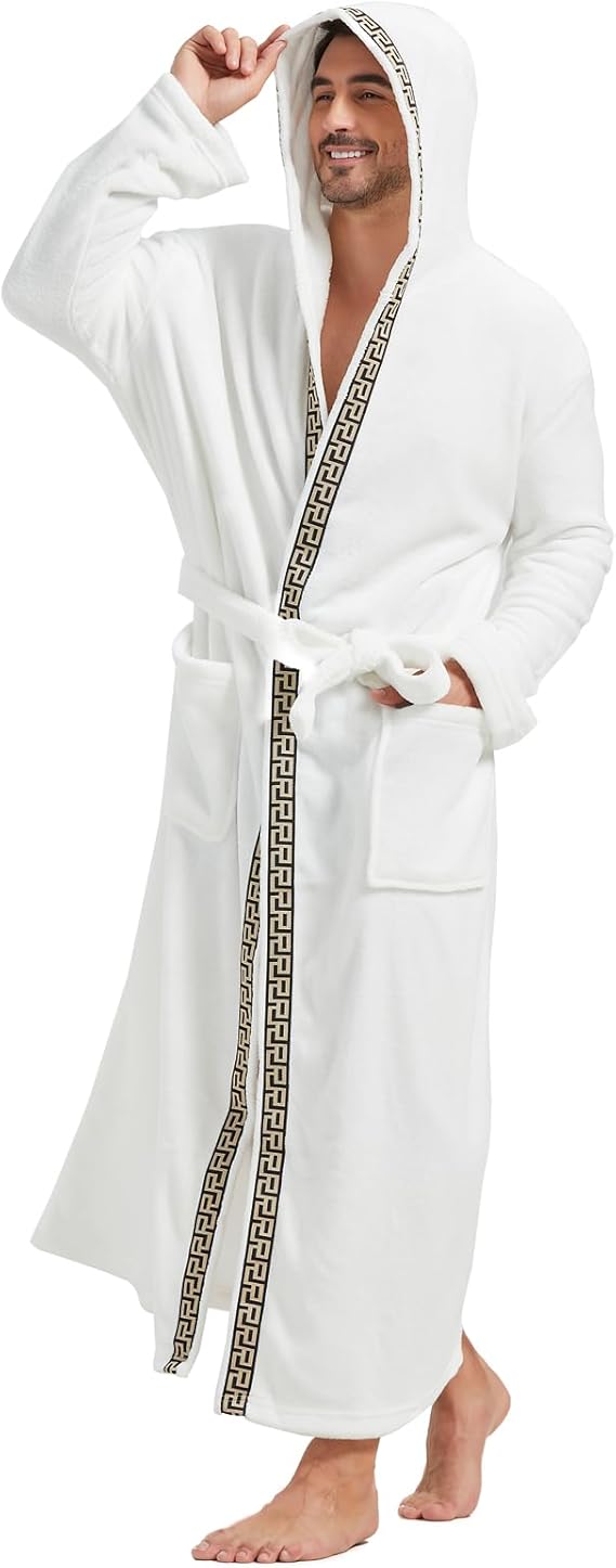 Herren Bademantel mit Kapuze und Taschen, Frottee-Luxus-Weiß/Schwarz-S/M-Luzern Mode