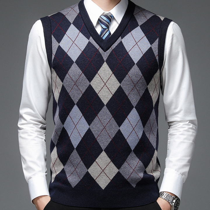 Herren Argyle Strickweste V-Ausschnitt Business Look-Dunkelblau-S-Luzern Mode