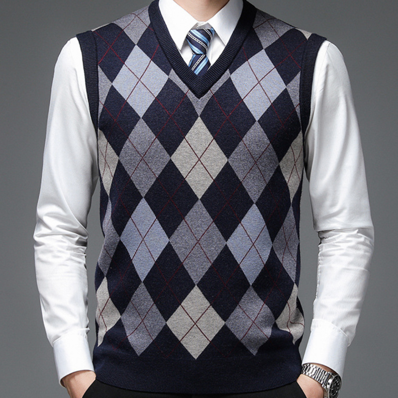Herren Argyle Strickweste V-Ausschnitt Business Look-Dunkelblau-S-Luzern Mode