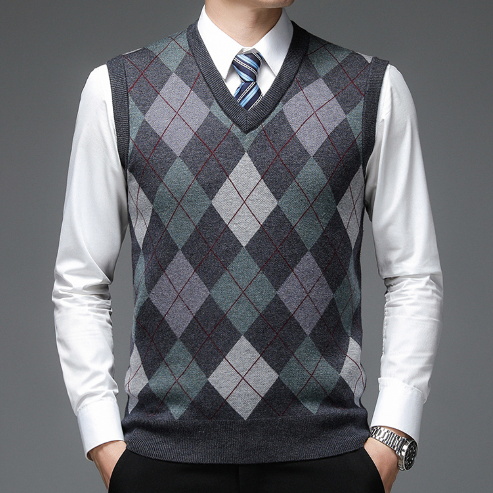 Herren Argyle Strickweste V-Ausschnitt Business Look-Dunkelgrau-S-Luzern Mode
