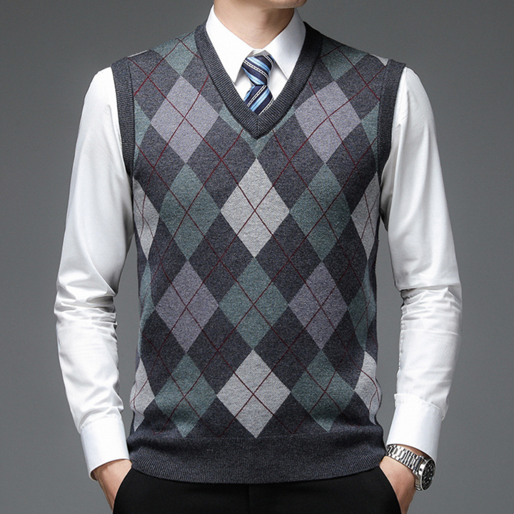 Herren Argyle Strickweste V-Ausschnitt Business Look-Dunkelgrau-S-Luzern Mode