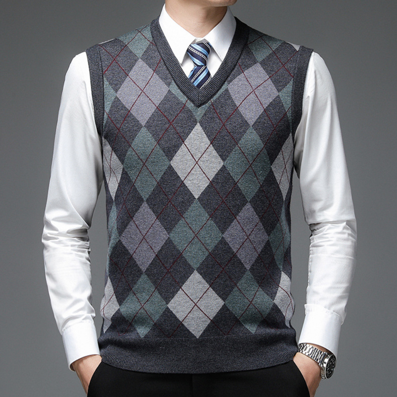 Herren Argyle Strickweste V-Ausschnitt Business Look-Dunkelgrau-S-Luzern Mode