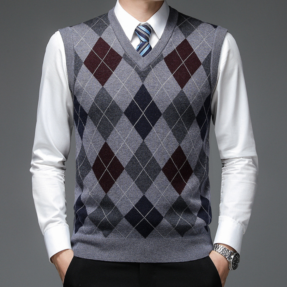 Herren Argyle Strickweste V-Ausschnitt Business Look-Grau-S-Luzern Mode