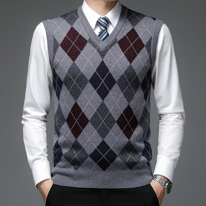 Herren Argyle Strickweste V-Ausschnitt Business Look-Grau-S-Luzern Mode