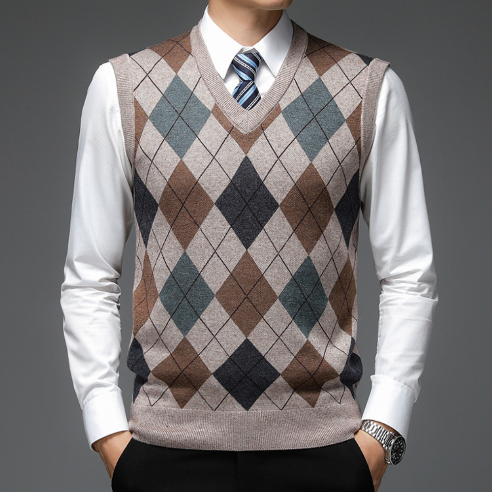 Herren Argyle Strickweste V-Ausschnitt Business Look-Khaki-S-Luzern Mode